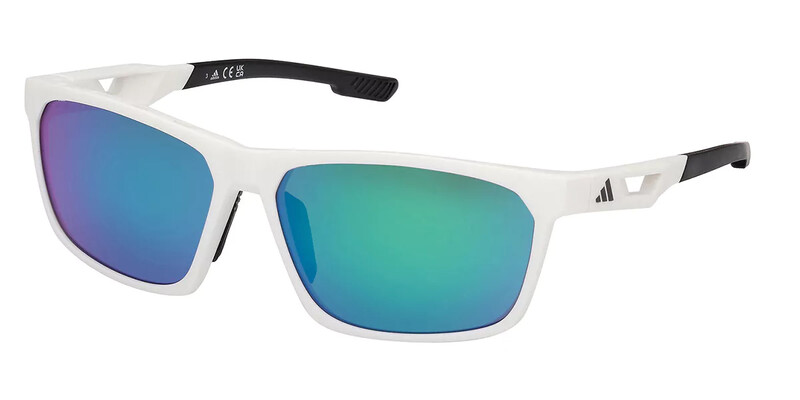 White rectangular sports sunglasses with turquoise mirrored lenses and black temple arms.