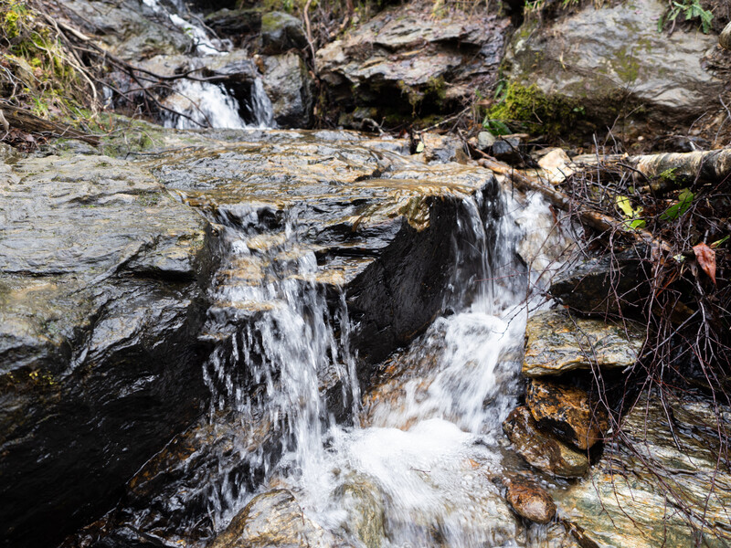 Water cascades over layered slate rocks in a narrow stream valley surrounded by moss and vegetation.