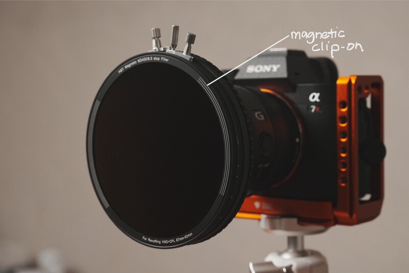 Sony α7 camera with circular ND filter attached via magnetic clip-on mount system.