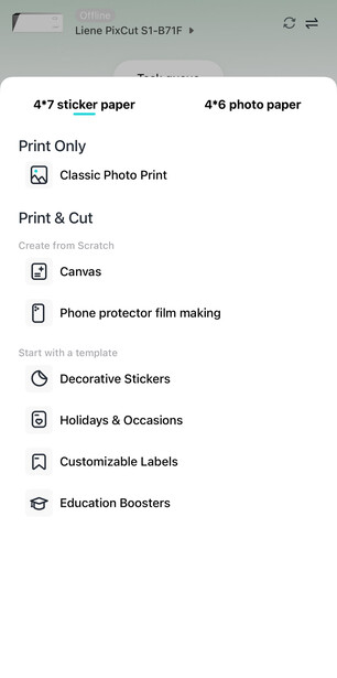Screenshot of Lomo Fisheye 8 app showing print options including Classic Photo Print, Games, Phone protector film making, Decorative Stickers, Holidays & Occasions, Customizable Labels, and Education Boosters.