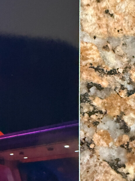 Split-screen comparison of nighttime architectural lighting and close-up stone texture.