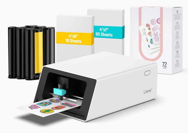Compact inkjet printer with ink cartridges and paper packaging displayed alongside the device.