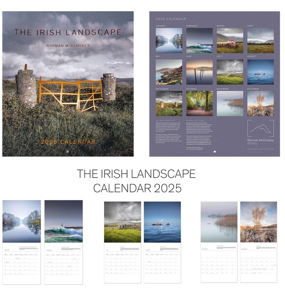 Calendar cover and interior spreads featuring Irish landscape photography with rural scenes and architectural elements.
