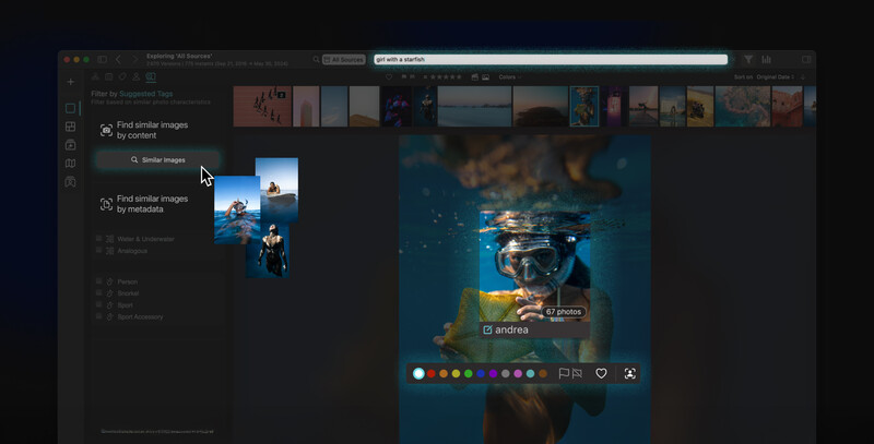 Screenshot of photo editing software showing underwater portrait with color grading panel open.