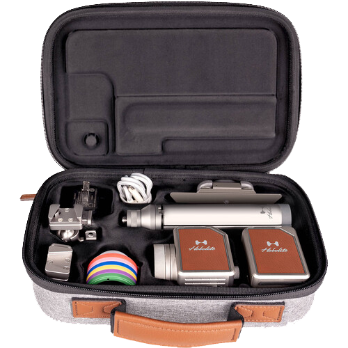 Organized travel camera case with lenses, camera body, filters, memory cards, and accessories neatly arranged.