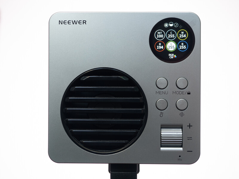 Neewer compact LED panel with circular diffuser and control interface mounted on bracket.