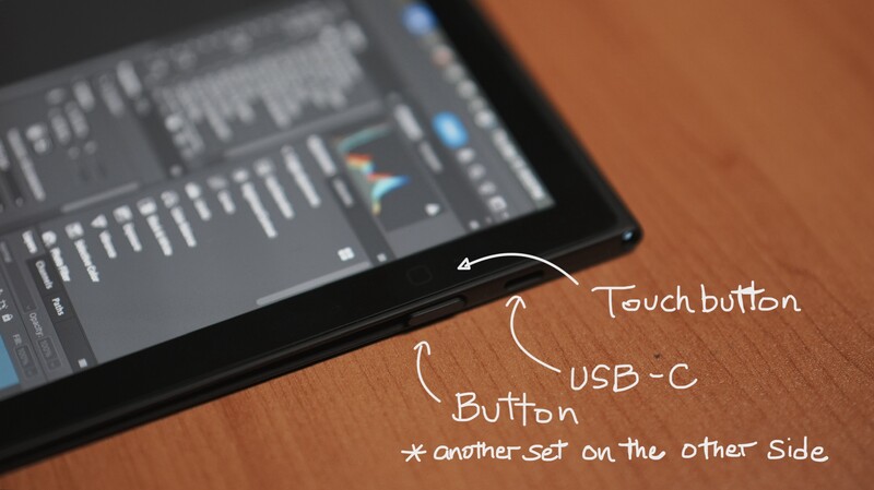 Tablet displaying audio editing software with annotated hardware controls on its edge.