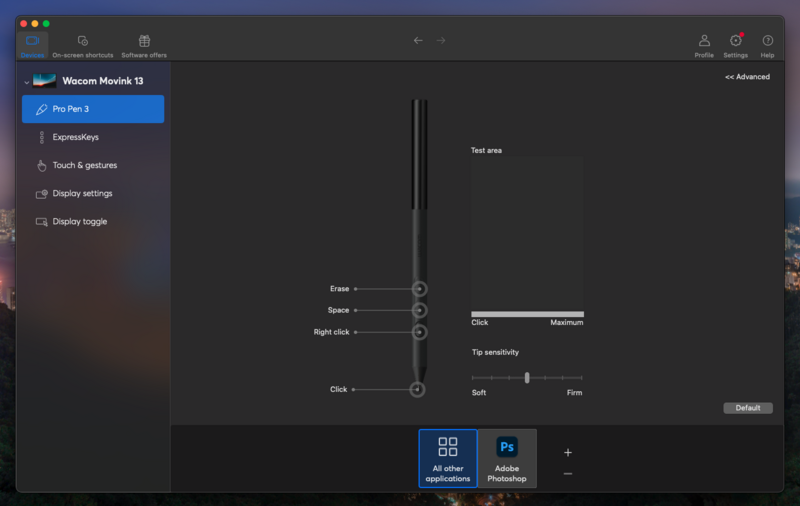 Screenshot of Wacom Movink 13 display settings panel showing calibration controls.