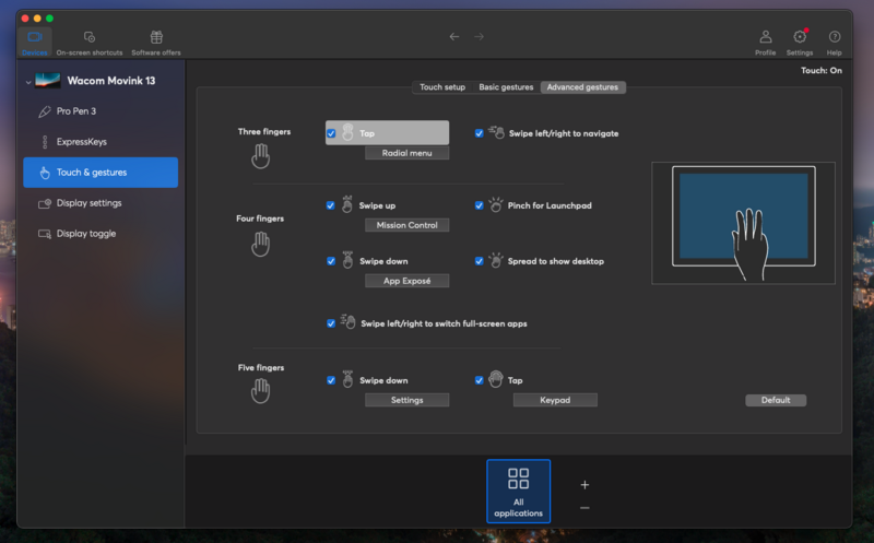 Screenshot of macOS gesture settings panel showing trackpad gesture configurations and options.