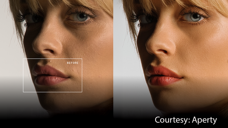 Side-by-side comparison of portrait retouching showing before and after skin smoothing and color correction.