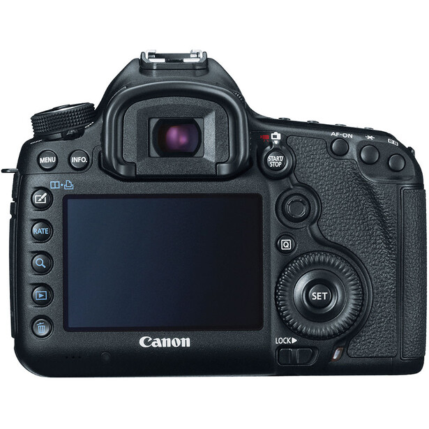 Canon EOS R5 DSLR camera rear view showing LCD screen and control buttons.