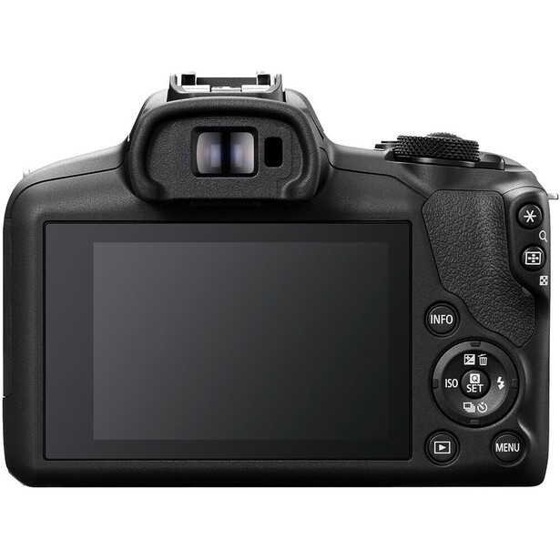 Rear view of a mirrorless digital camera with articulating LCD screen and control buttons.