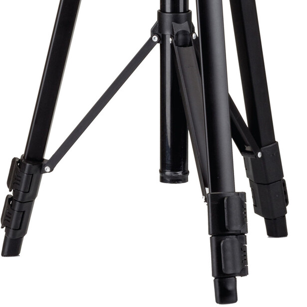 Close-up of black tripod legs and connectors showing the locking mechanisms and joint construction.