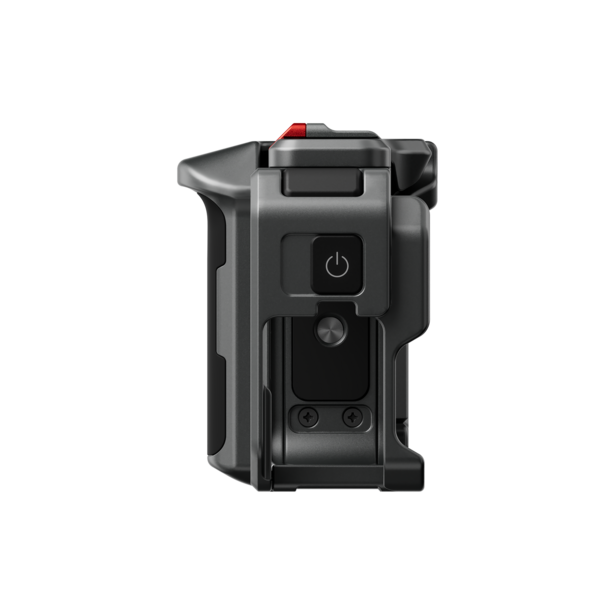 Compact camera battery grip with power button and mounting plate, shown against white background.