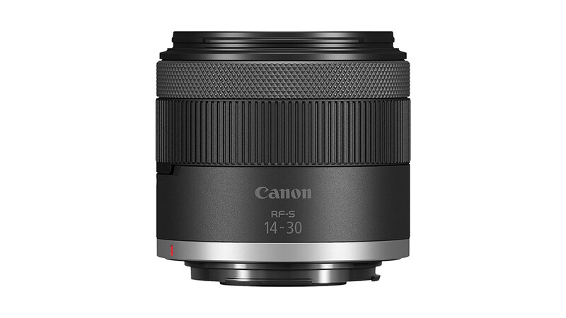 Canon RF-S 14-30mm lens with textured grip ring and metal mount on white background.