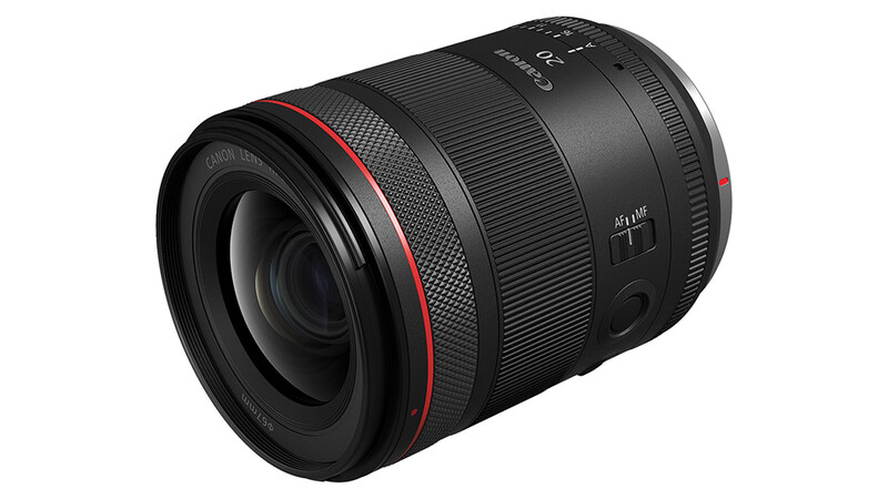 Canon RF-mount telephoto zoom lens with red accent ring and AF/MF switch visible on barrel.