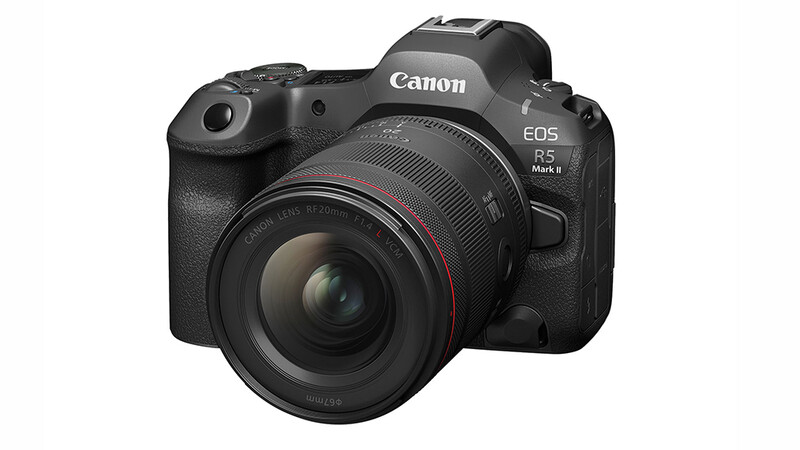 Canon EOS R5 Mark II mirrorless camera with RF-mount lens attached, shown against white background.