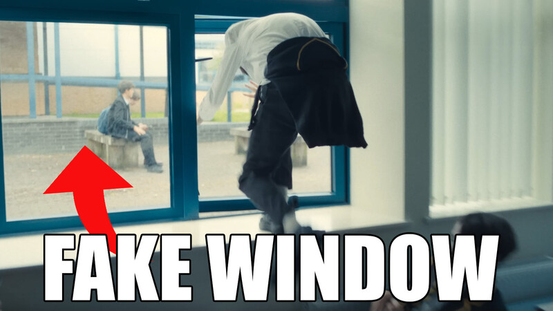 Meme graphic showing a person jumping through a window with a red arrow pointing upward and text reading "FAKE WINDOW."