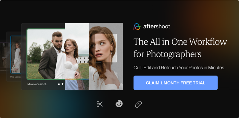 Screenshot of photo editing software interface showing portrait images with editing tools and a free trial offer.