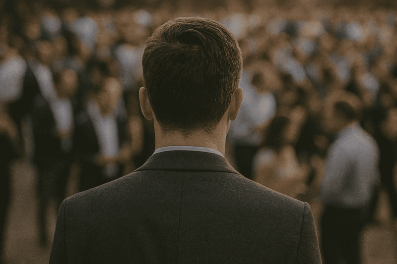 Man in dark suit viewed from behind facing a blurred crowd of people.