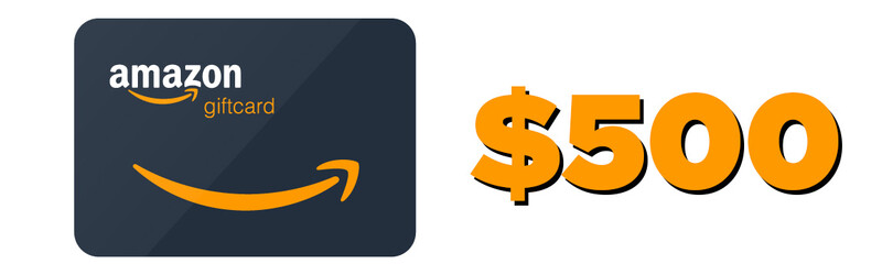Amazon Gift Card graphic displaying $500 denomination. Dark card with orange Amazon smile logo and text.