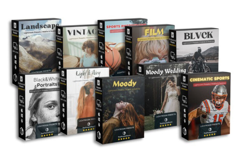 Collection of photography preset boxes arranged in rows, displaying various editing styles and themes.