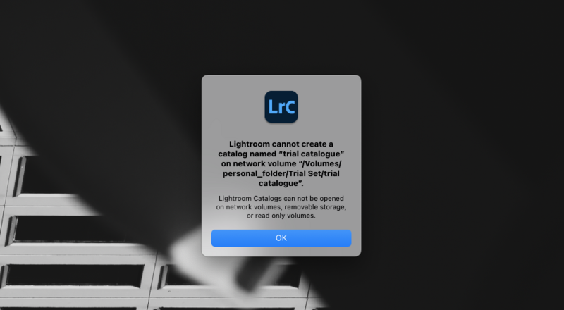 Screenshot of Lightroom error dialog stating catalog cannot be created on network volume.