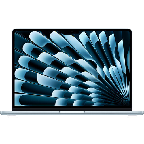 MacBook Air laptop displaying abstract blue geometric fan or feather pattern on screen.