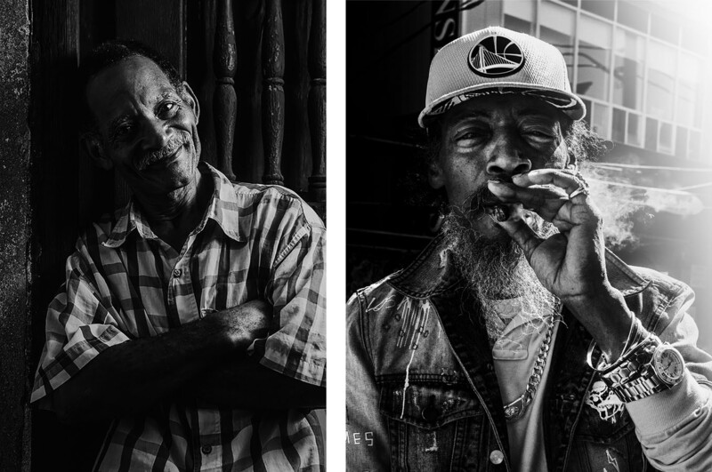 Two black and white portrait photographs of bearded men in casual clothing, shown side-by-side.