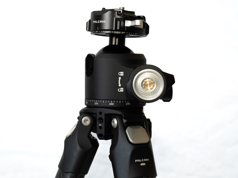 Arca-Swiss ball head tripod with panoramic rotation dial and quick-release plate mounted on black legs.