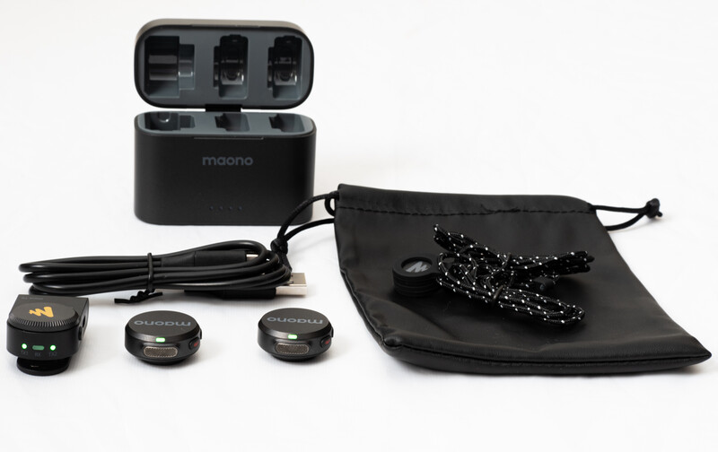Maono wireless lavalier microphone system with charging case, two clip-on mics, receiver, cable, and carrying pouch.