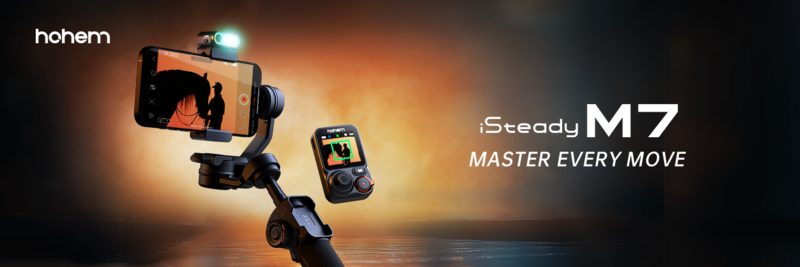 Gimbal stabilizer with smartphone mounted and wireless controller displayed against warm-toned atmospheric lighting.