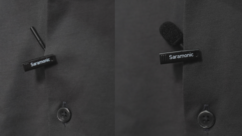 Two Saramonic lavalier microphones mounted on dark fabric, showing wind protection and cable management details.
