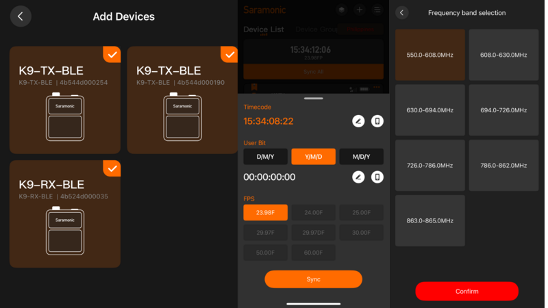 Screenshot of wireless audio device pairing interface showing three selected devices and frequency band selection menu.