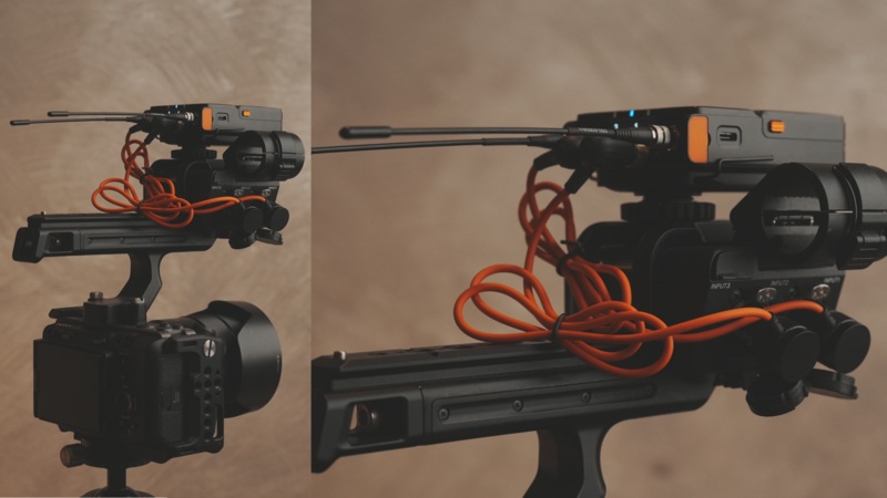Professional video camera rig with mounted microphone and orange cables shown from two angles against neutral background.