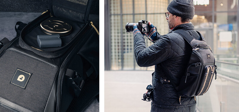 Camera backpack with organized compartments displayed open on the left; photographer wearing the pack while shooting on an urban rooftop on the right.