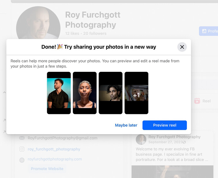 Screenshot of Instagram Reels feature promotion dialog showing sample reel previews.