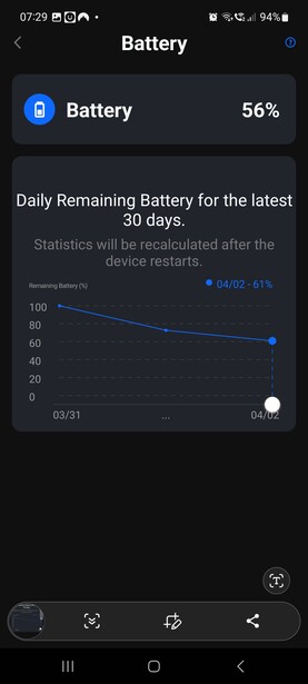 Screenshot of Android battery settings showing 56% charge and daily remaining battery graph over 30 days.