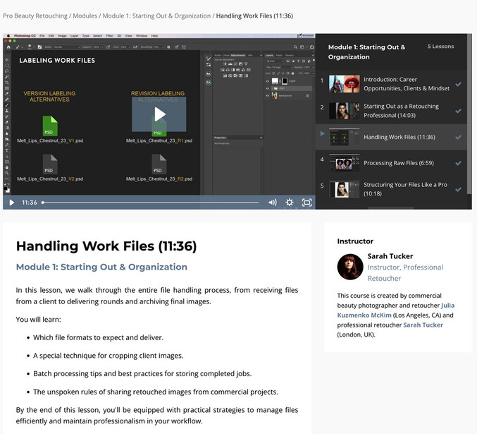 Screenshot of video editing interface showing Module 5 lesson on handling work files with instructor information panel.