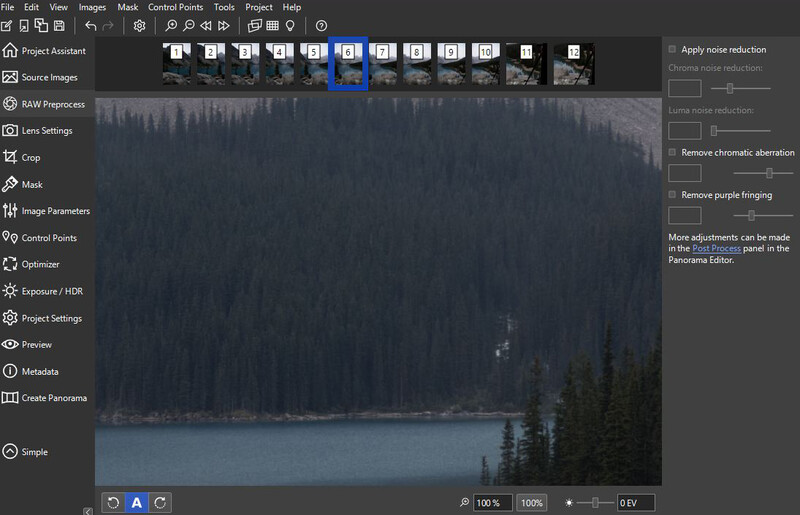 Screenshot of photo editing software showing a forest landscape with lake and adjustment panels.