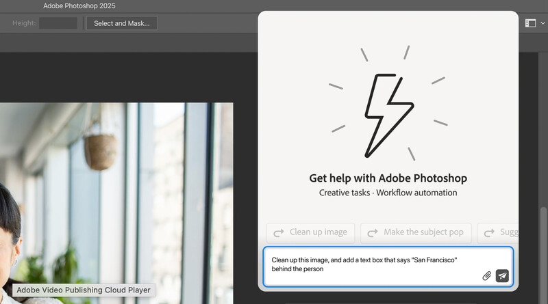 Screenshot of Adobe Photoshop 2025 interface with AI help dialog displaying editing suggestions.