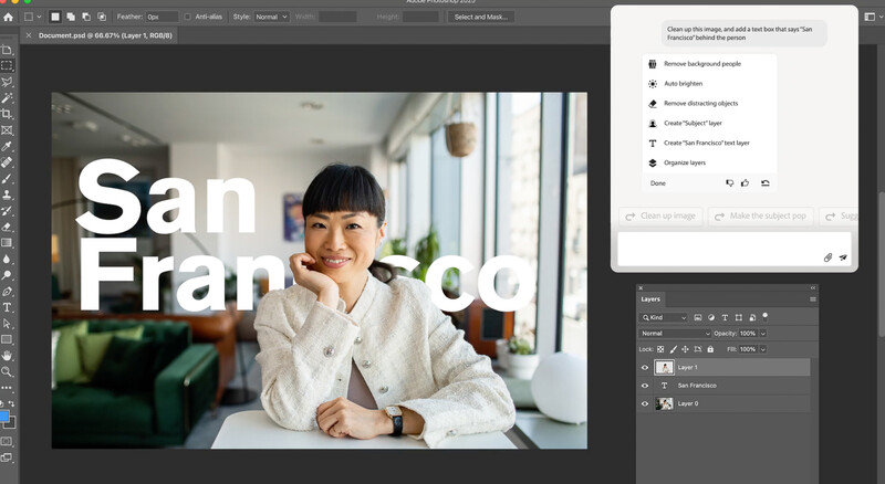 Screenshot of photo editing software with portrait of smiling person in white shirt overlaid with 'San Francisco' text.