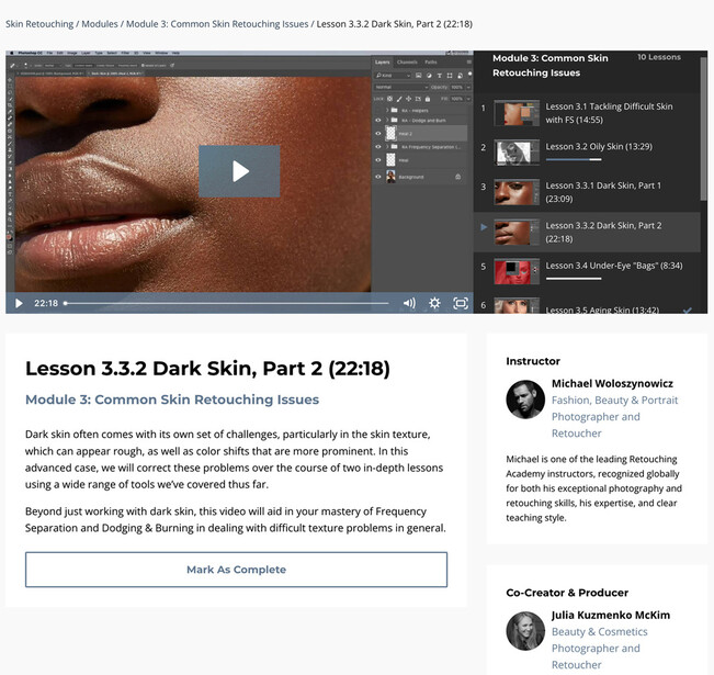 Screenshot of a skin retouching tutorial interface showing close-up footage of dark skin texture with video player controls and course module details.
