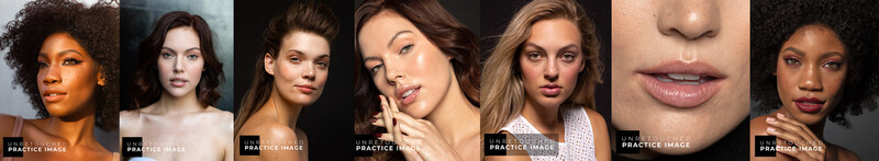 Seven portrait photographs showcasing diverse women with varied skin tones, hairstyles, and makeup styles against neutral backgrounds.