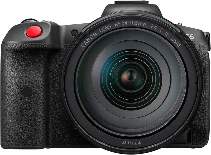 Canon EOS R5C mirrorless camera with RF 24-105mm f/4L IS USM lens attached, shown from front three-quarter view against white background.