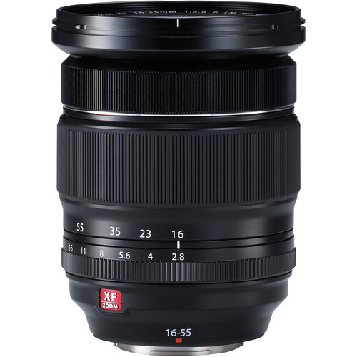 Fujifilm XF 16-55mm f/2.8 zoom lens with aperture ring and focus distance scale visible.