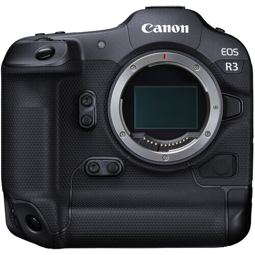 Canon EOS R3 mirrorless camera body shown from front against white background.