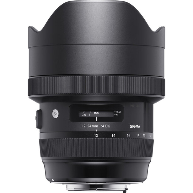 Sigma 12-24mm f/4 DG HSM Art ultra-wide zoom lens with hood attached against white background.