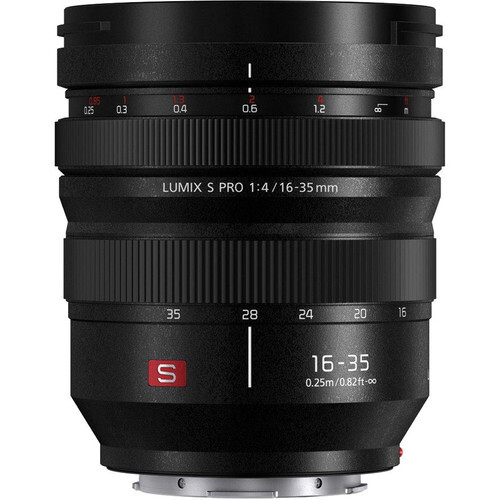 Panasonic Lumix S Pro 16-35mm f/1.4 zoom lens with focus and aperture rings visible.
