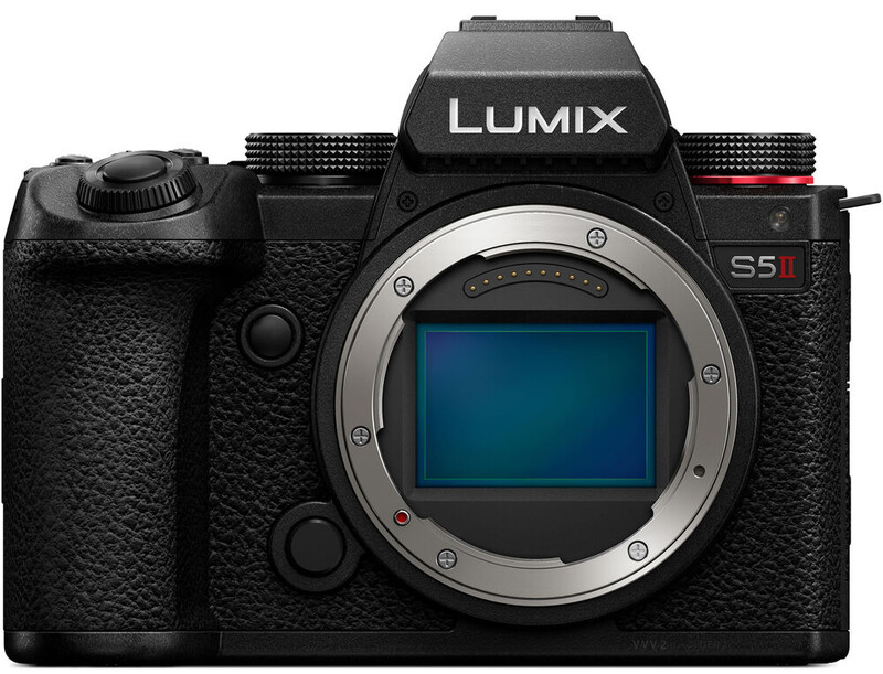 Panasonic Lumix S5II mirrorless camera body viewed from the front against a white background.